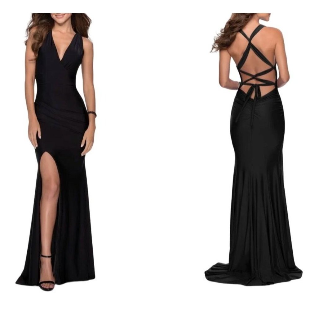 NEW LA FEMME Black Satin V-neck Sleeveless Jersey Trumpet Gown 28677 Size 8 NWT